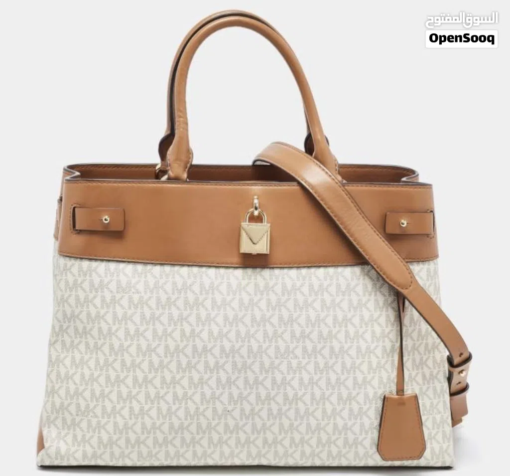 Michael Kors Beige/Tan Signature Coated Canvas and Leather Gramercy. Tote