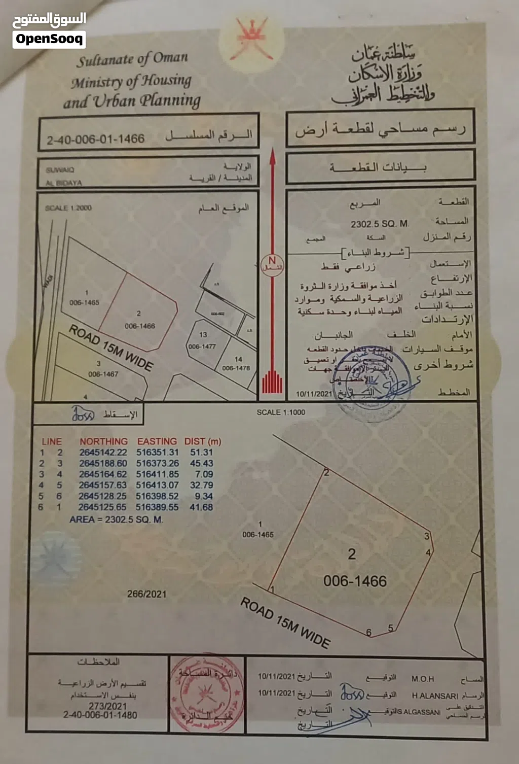 ارض زراعية 2300متر منطقة البداية ولاية السويق بها ماء وكهرباء 100متر من الشارع العام وشارع للارض