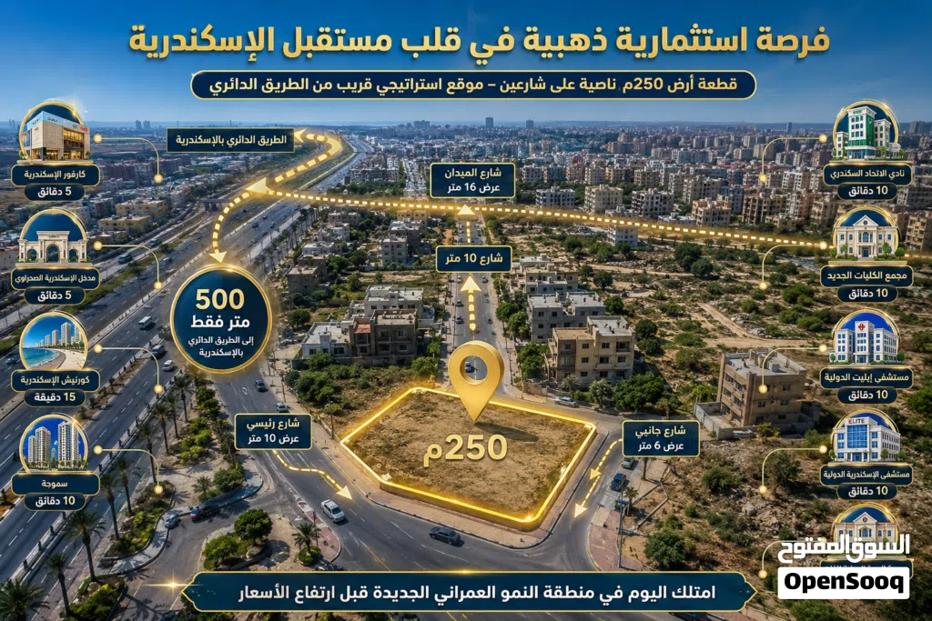 قطعه ارض 250م ناصيه علي شارعين بالطريق الدائري بالاسكندرية