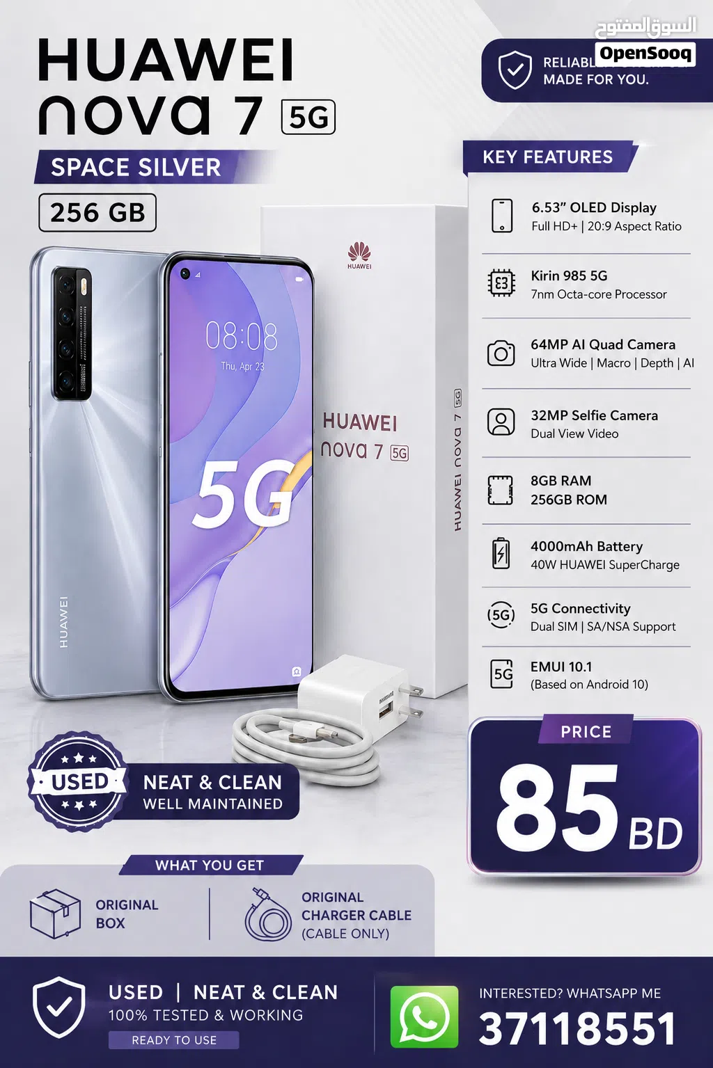 Huawei Nova 7 5G 256GB Space Silver – Neat & Clean With Box & Charger Cable