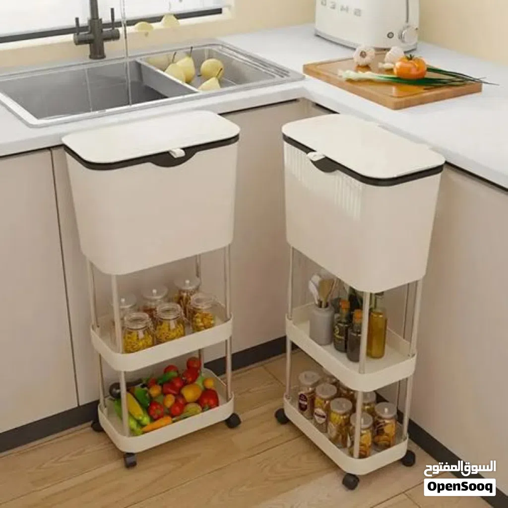 Kitchen Trash Can with Lid, Garbage Bin with Storage Rack, Narrow Waste Basket