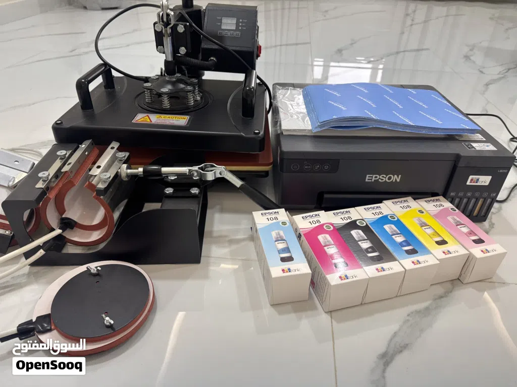 مشروع طباعة حرارية متكامل - Epson L8050 مع مكبس حراري وأكواب وملابس