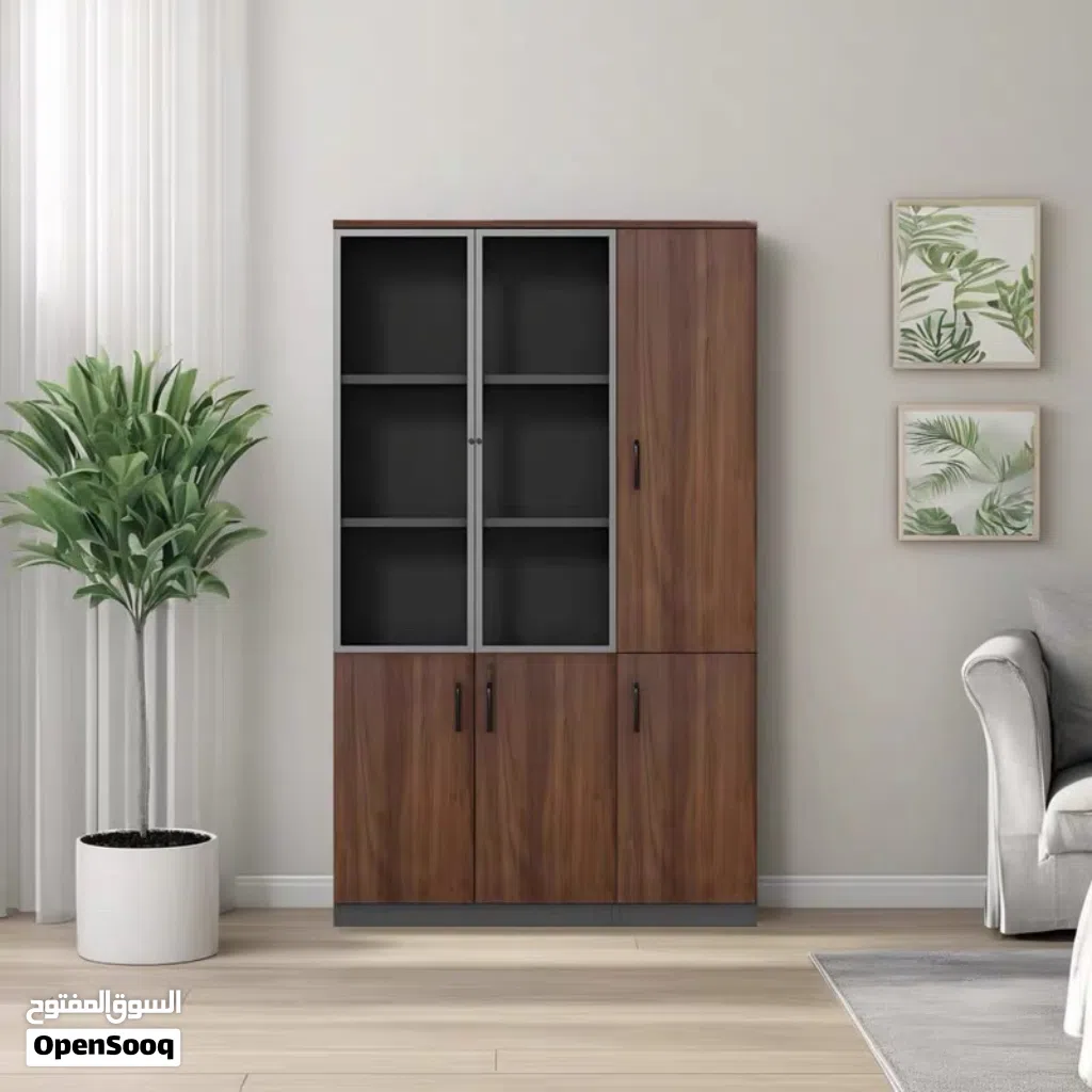 This is a modern wooden office filing cabinet with glass doors and locking compartments.