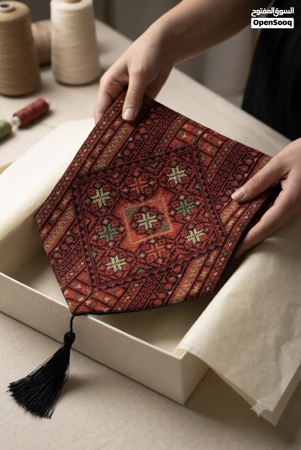 مفرش طاولة تراثي فاخر 120 × 30 سم تصميم شرقي أنيق مع شرابات زخرفية - توصيل مجاني