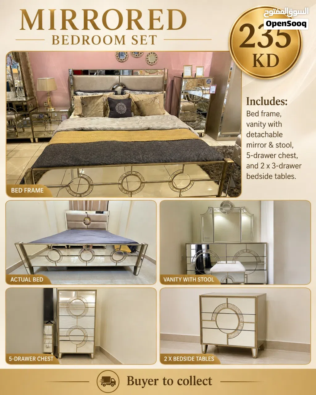 Luxury Mirrored Champagne Gold Bedroom Set