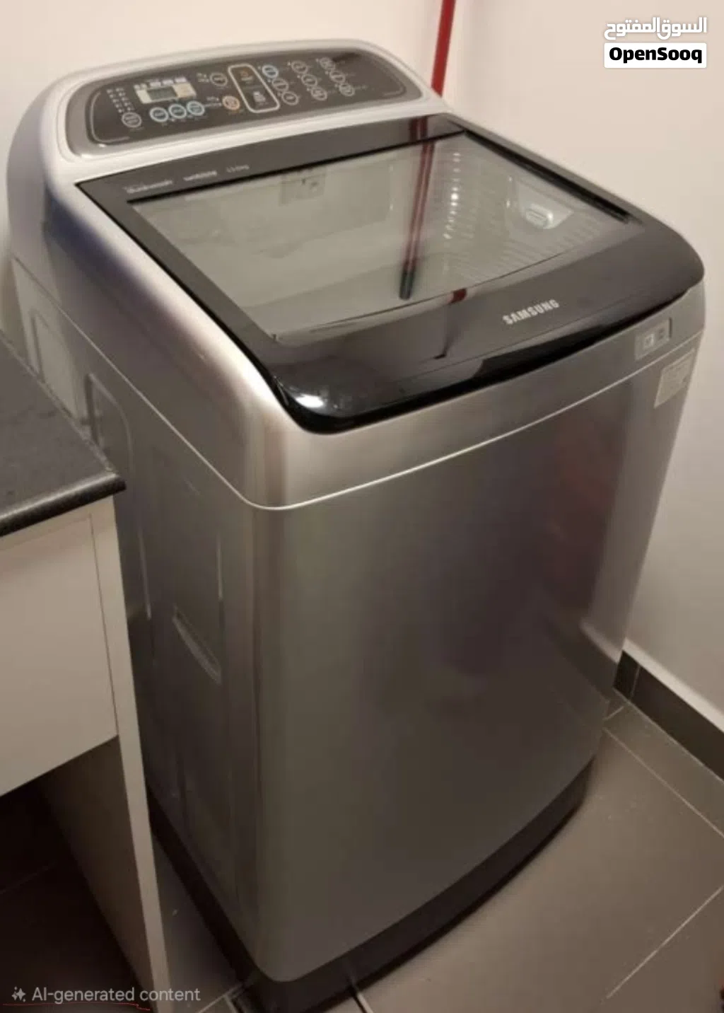This is a Samsung top load washing machine featuring a dark gray, tempered glass lid 11kg