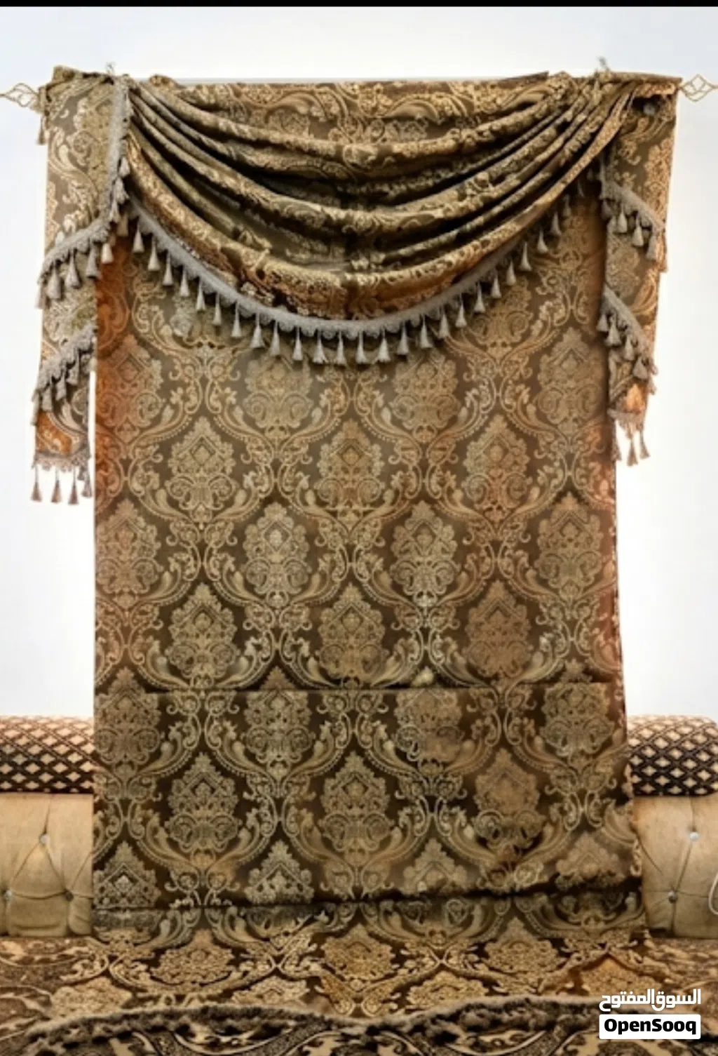 Premium Golden-Brown Damask Curtain for Living Room Luxury Arabic Majlis Curtain Set