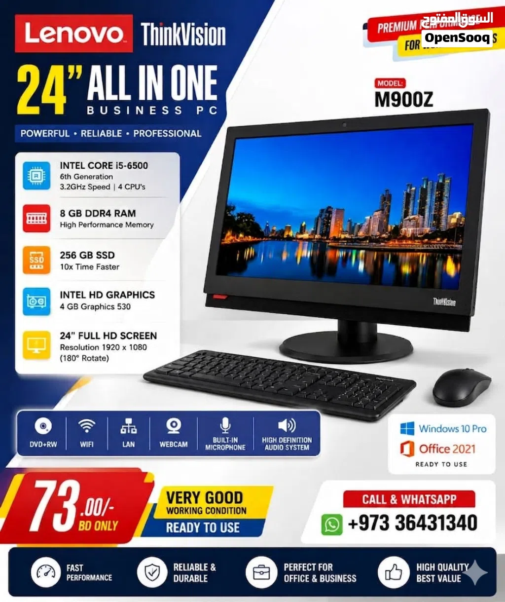 LENOVO Core i5 6th Gen All In One Computer Set 24 Full HD Display 8GB RAM 256GB SSD OS 10 Pro Ready