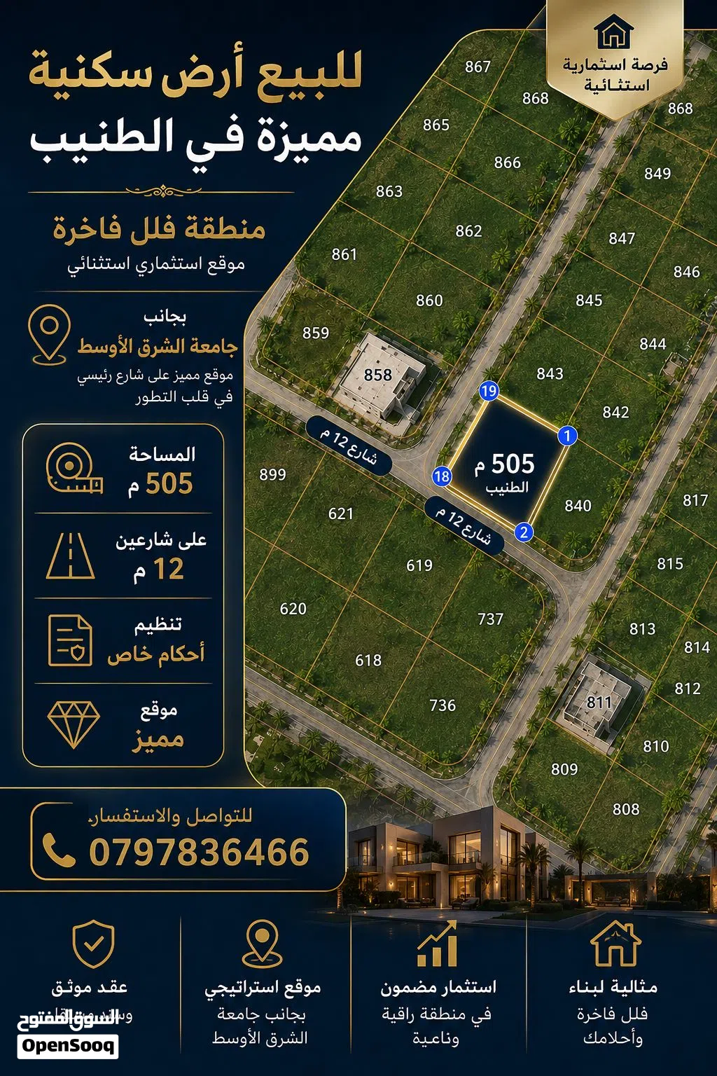 قطعة ارض للبيع في الطنيب حوض العيادات 500م على شارعين