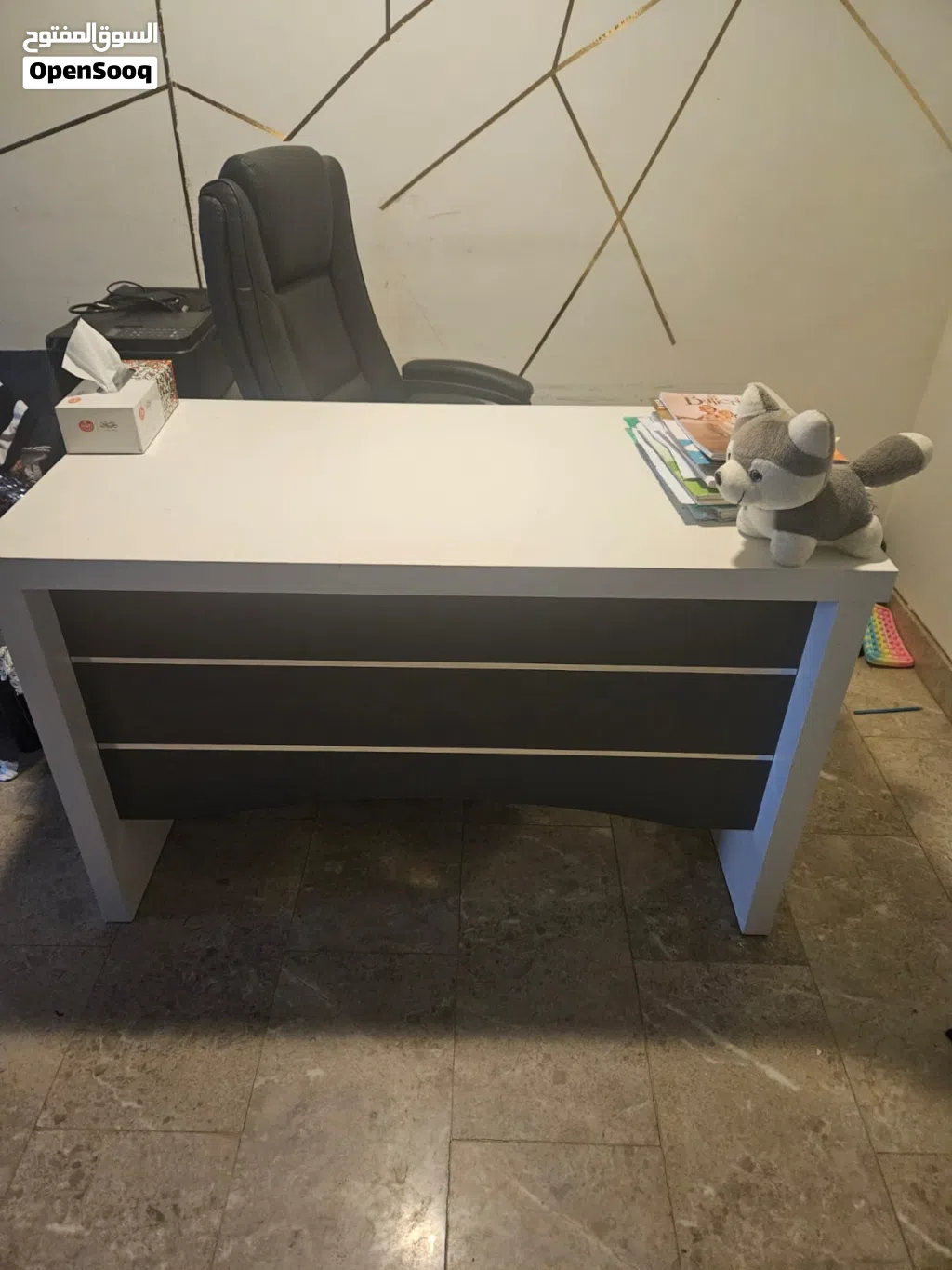office desk and chair and side table