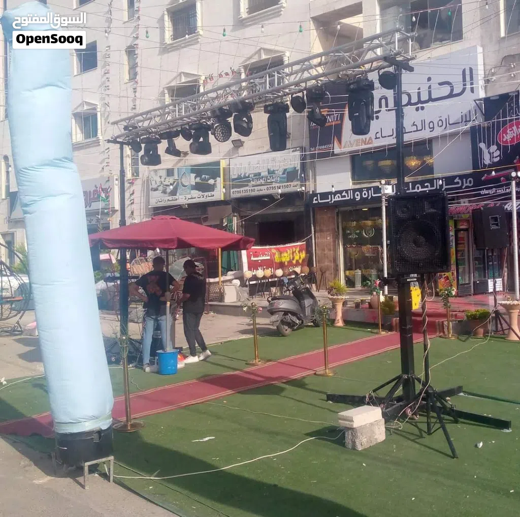 اجهزة اضاءة متحركة للمحلات والمناسبات تراس اضاءة موفينج هيد بيمات باركانات سماعات دي جي اقواس بلالين