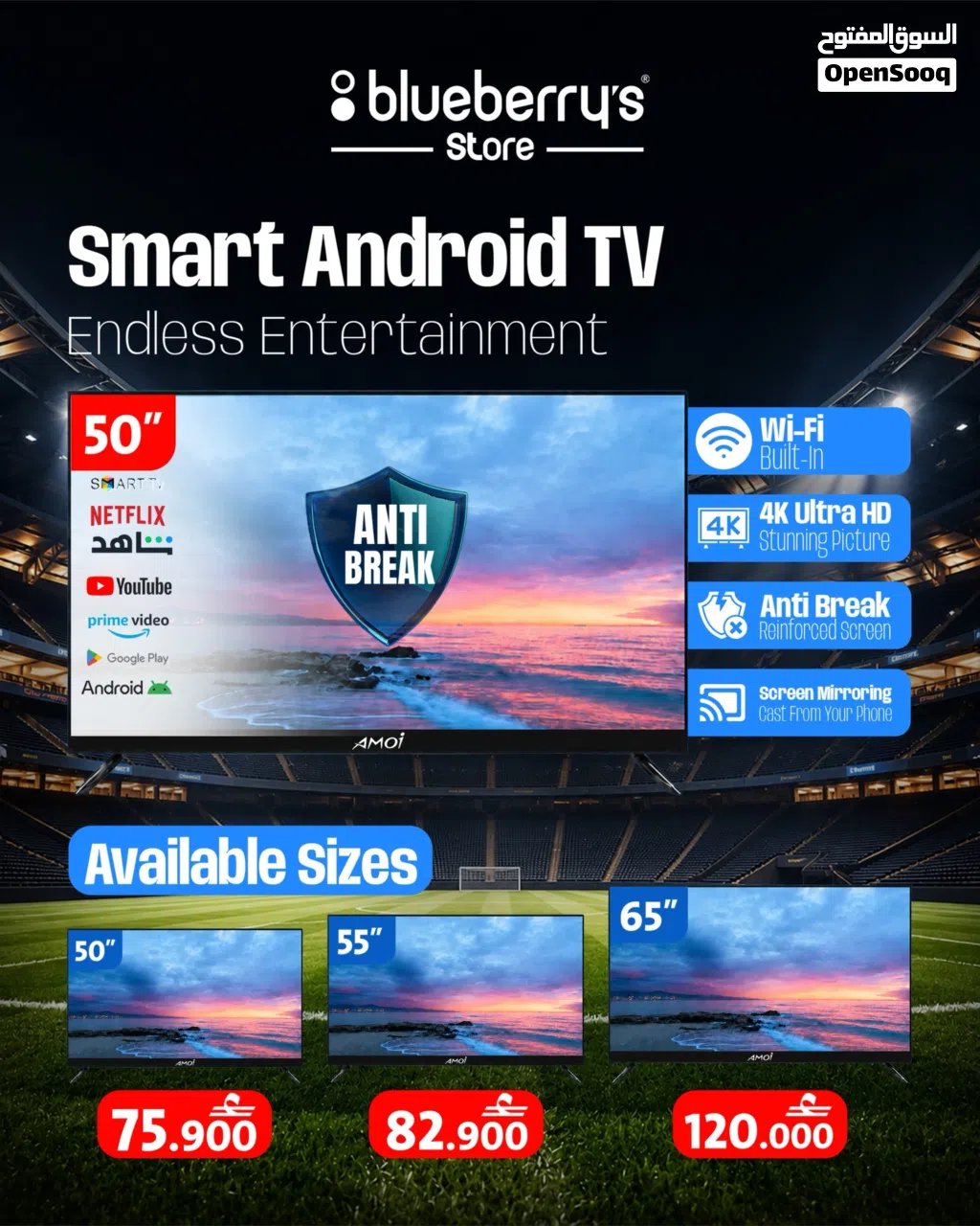 AMOI 50” Smart Android TV 4K Ultra HD Unbreakable Screen Available in 50”, 55” 65” Sizes