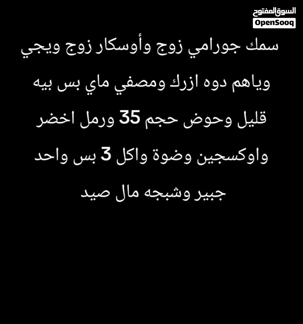سمك جورامي أوسكار ويجي وياهم دواء الأزرك ومصفي ماي بس بيه قليل وحوض حجم 35 ورمل اخضر واوكسجين وضوه