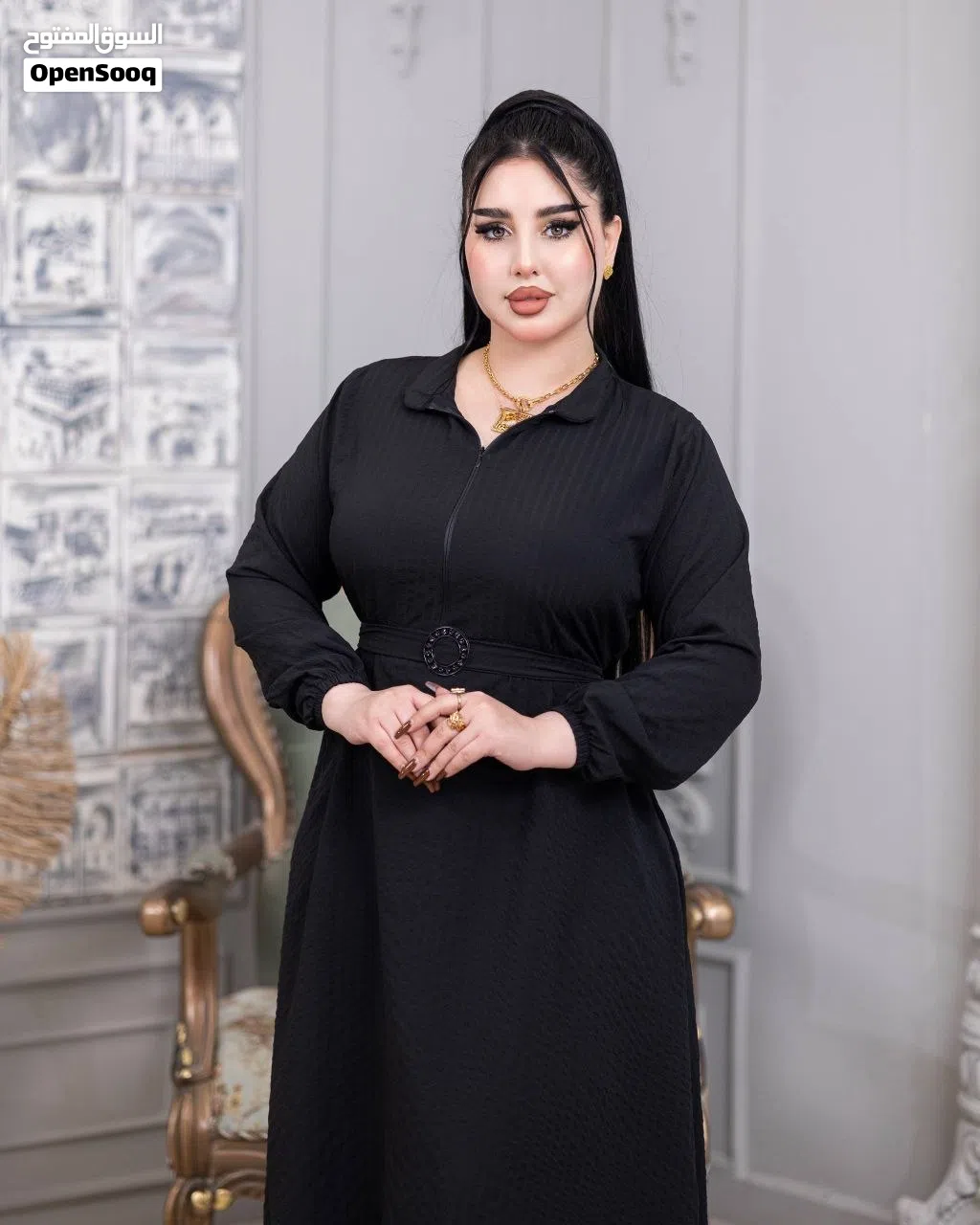 فستان نسائي خامة كريشة سواد فاحم فري سايز لحد 110 كيلو