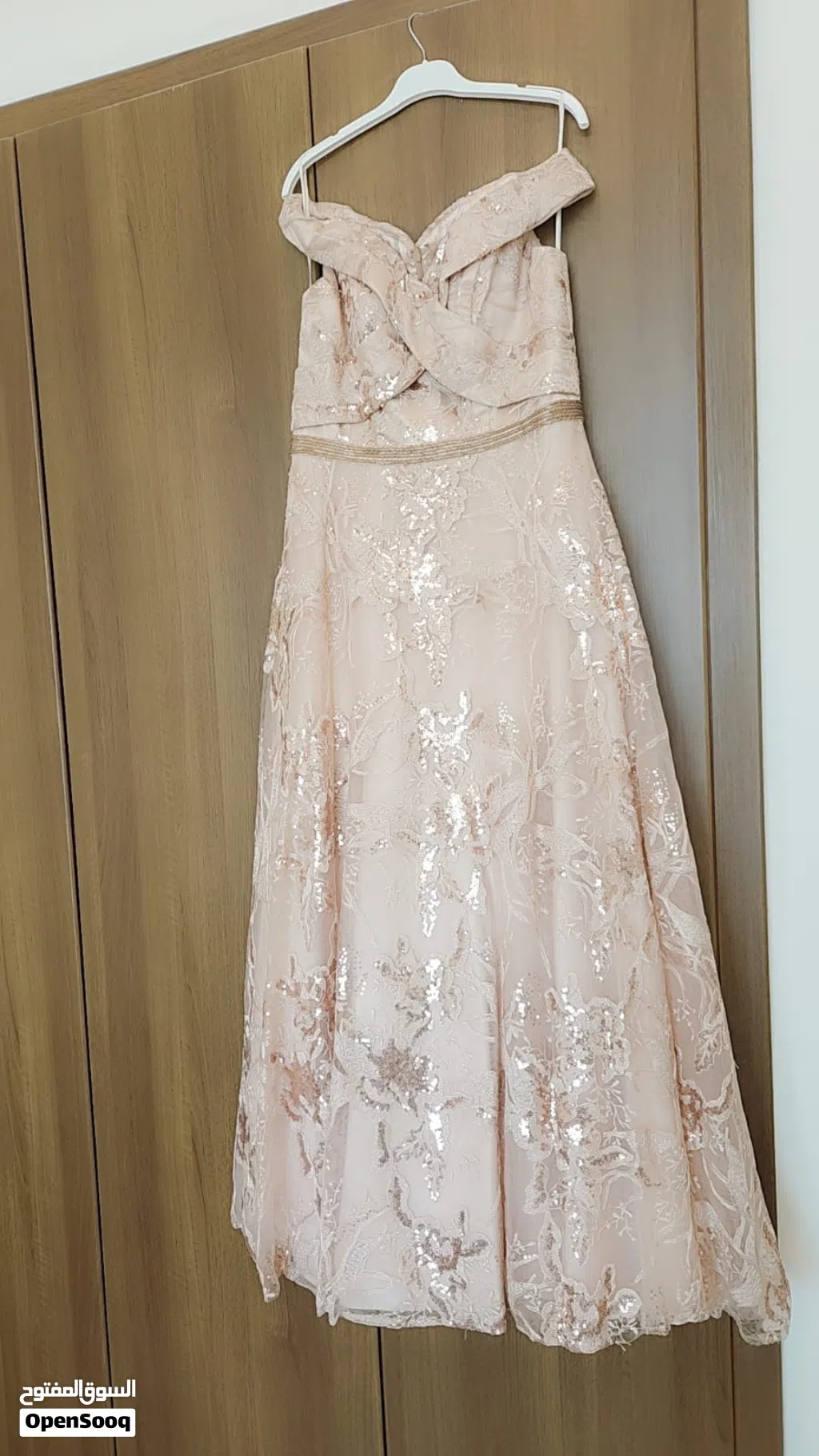 Stunning Rose Gold Sequin Formal Dress – Off-The-Shoulder Blush Evening Gown / Prom Dress