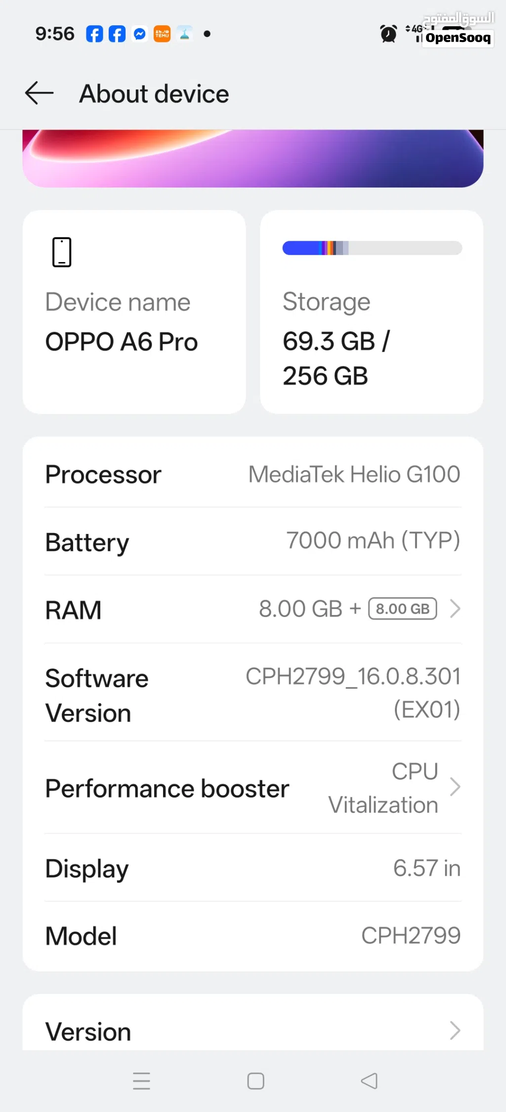 أوبو A6pro هاتف ذكي أزرق 256 جيجابايت مستعمل بحالة ممتازة مع الكرتونة والشاحن