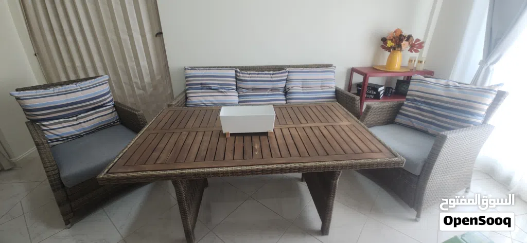 Cozy Danube sofa set (1+1+3)+wooden table,so nice and with good material, almost new, last price:120