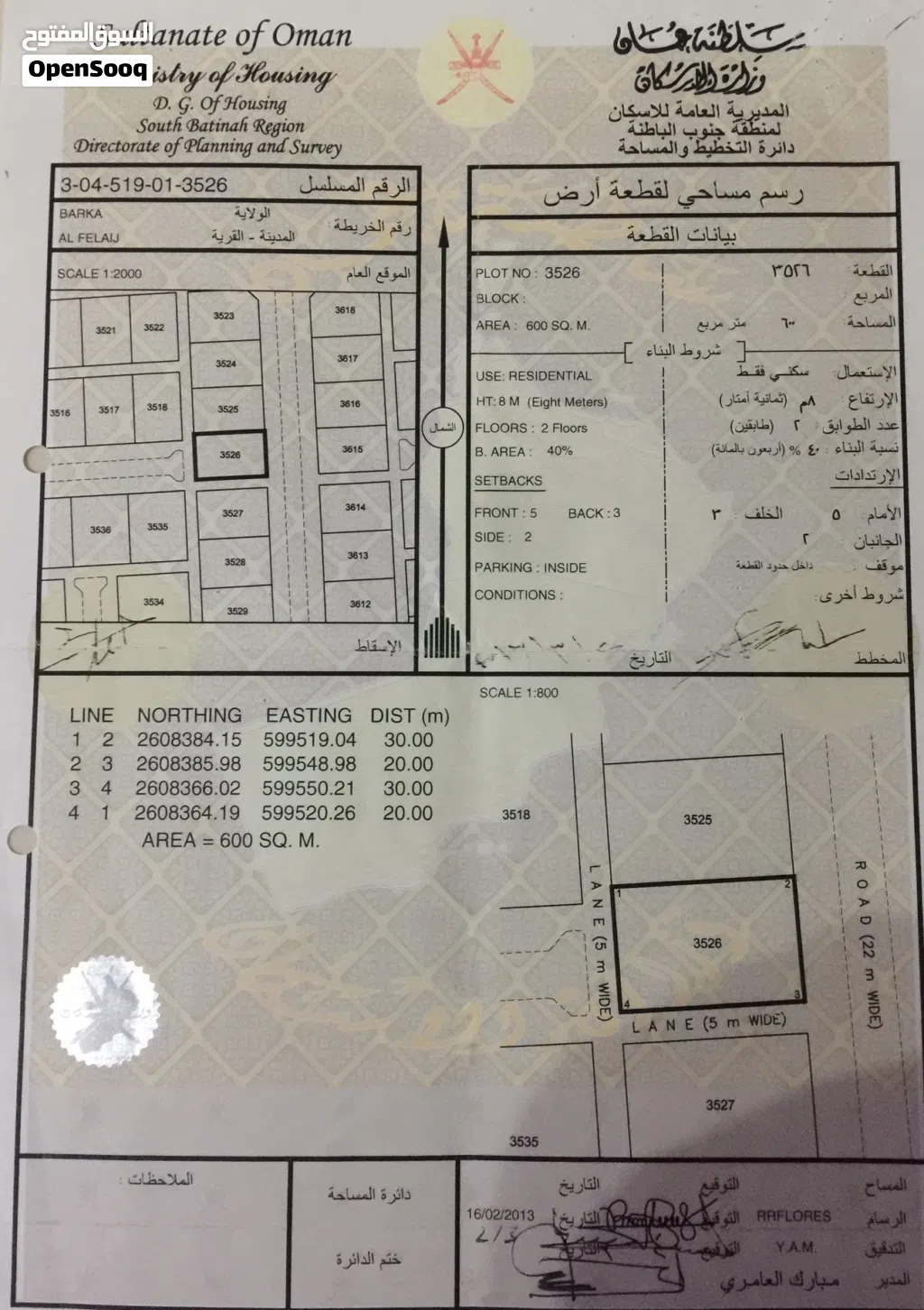 ارض سكنية زاويه في الفليج بركاء و مفتوحة على شارعين رئيسيين