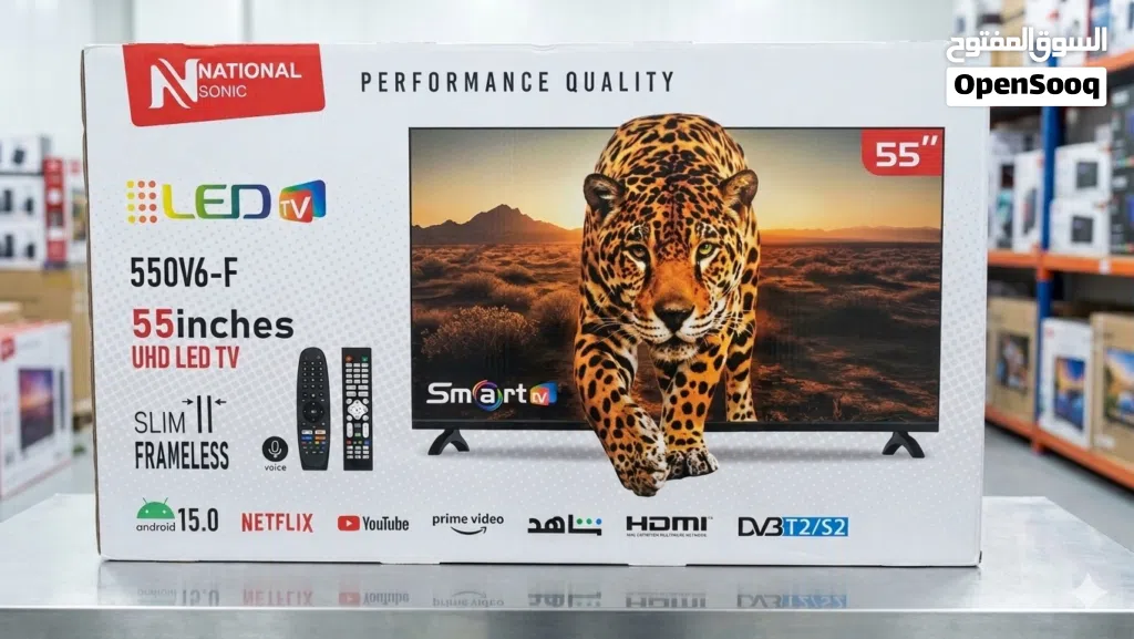 شاشة ناشونال سونيك 55 انش Full HD smart افريمليس مع قاعده جداريه تتوفر لدينا خدمة التوصيل