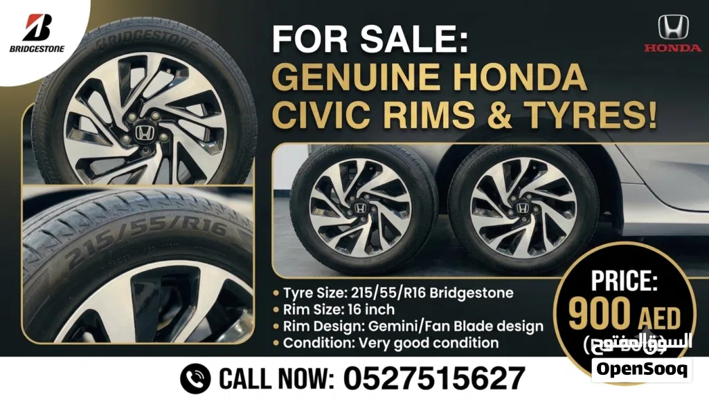 Honda Orginal rims & Bridgestone Turanza tyres 215/55/R16 for sale