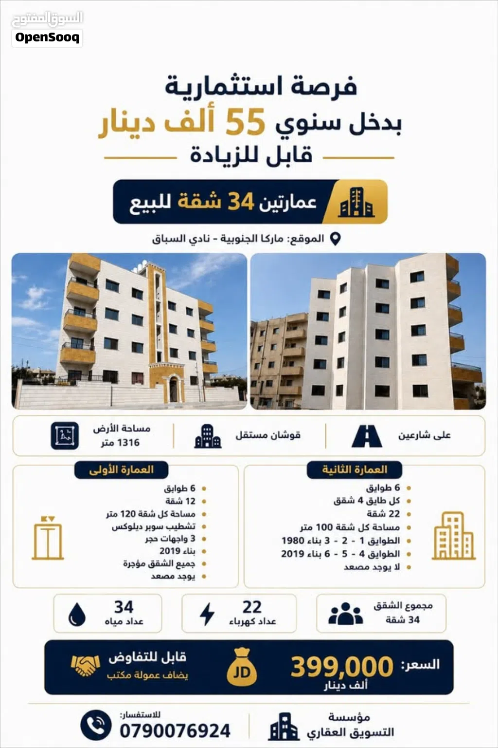 فرصة استثمارية بدخل سنوي 55 الف دينار عمارتين 34 شقة للبيع