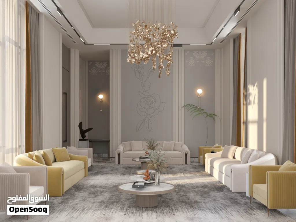تصميم داخلي يشمل تفاصيل الارضيات والجدران والاسقف والاضاءة
