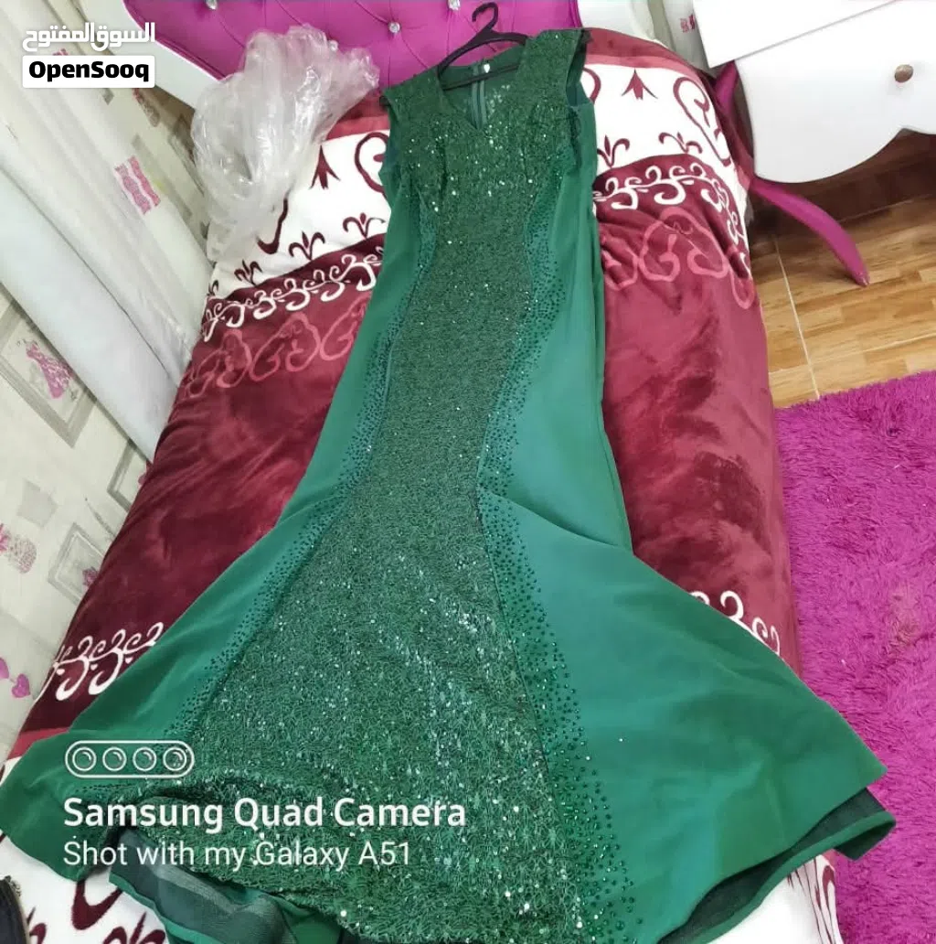 فستان أخضر زيتي شك خرز تركي