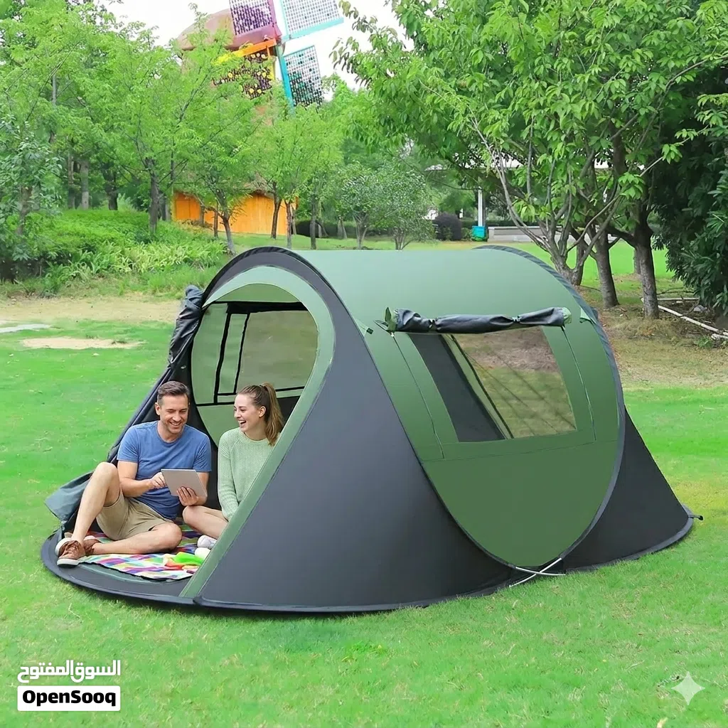 3-4 Person Instant Outdoor Tent designed for camping or beach use, featuring a green and black color