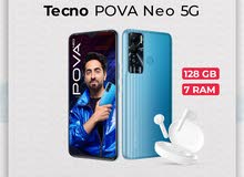 Tecno Pova Neo 5G/RAM 4+3/128 GB (كفالة الوكيل الرسمي) مع تكنو بودز مجاناً