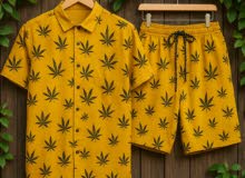 Men’s Mustard Yellow Summer Set – Cannabis Leaf Print Shirt & Shorts  Casual Co-ord Outfit