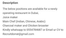 Vacancy in newly operating restaurant