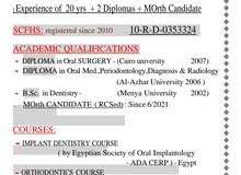 طبيب اسنان مصري خبرة 20 سنة + دبلوم جراحة + دبلوم لثة + MOrth Candidate