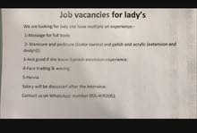 Job Vacancy   ..Lady Staff for Saloon