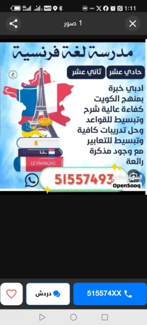 مدرس فرنسي خبره كبيره صف11و12 (شرح القواعد-تلخيص للوحدات حل اختبارات الفاينال )