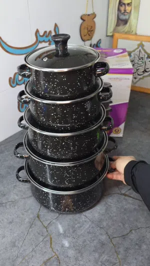 طقم قدور مينا فاخر 5 قطع بغطاء زجاجي