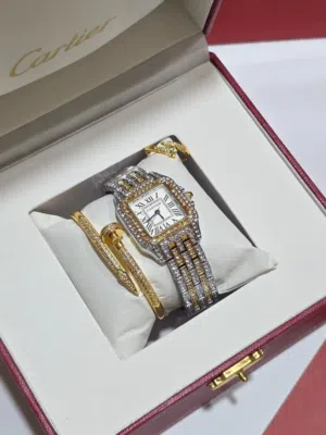 طقم كارتيير ساعة واسوارة وخاتم وبكج كارتيير بحجمين صغير وكبير من براند للساعات