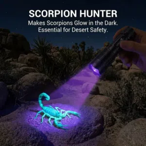 هذا المنتج هو كشاف يدوي يعمل بالأشعة فوق البنفسجية (UV Flashlight) مصمم خصيصاً لاكتشاف العقارب