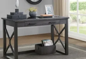 Executive Writing Desk – Espresso-Gray Wood & Black Glass
