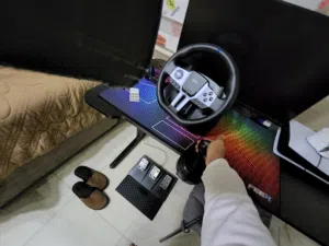 Steering wheel gaming black and white still new pxn with gear shifter and pedals with clutch new