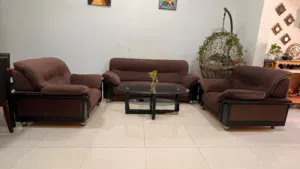 Wooden used Sofa 5 Seater with Glass Centre Table and 1 king size bed with mattress urgently sell