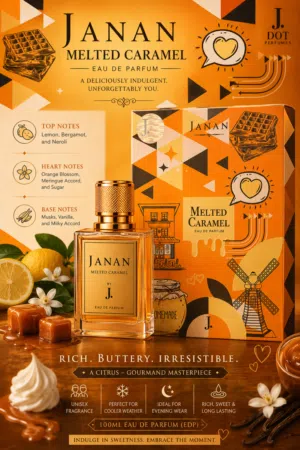Janan Melted Caramel by J. (Junaid Jamshed) is a luxurious citrus-gourmand unisex fragrance.