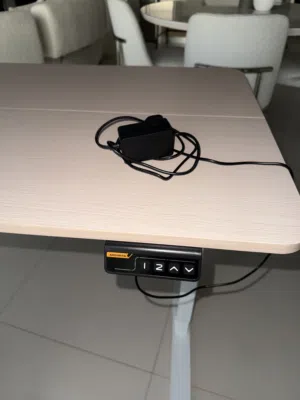 Light wood adjustable standing office desk with cable. Great Condition
