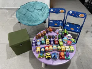 42 Jasmis toys, 3 chairs, a table and a box for sale
