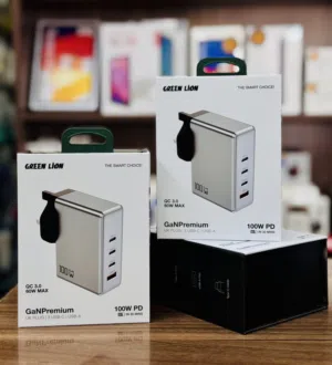 شاحن جداري 100 واط GREEN LION  QC 3.0  60w max Gampremium  Uk plug  3 USB-C USB-A 100W PD