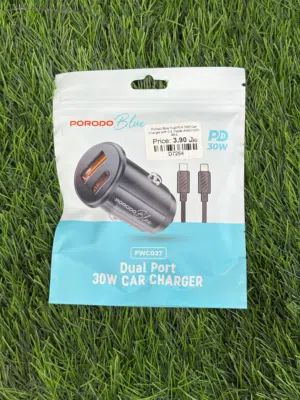 Porodo Blue Dual Port 30W Car Charger with C-L Cable - Black