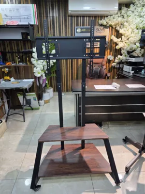 ستاند تلفزيون متحرك حديد + خشب (ثقيل ومتين) يتحمّل شاشات لغاية 85 بوصة هيكل حديد سميك قوي جدًا .