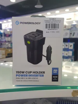 Powerology 150w cup holder power inverter dual type-c charging port car Charger