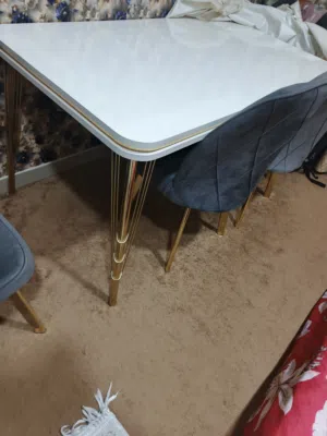Modern Dining Table Set with 4 Velvet Chairs Gold Legs Excellent Condition