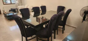 طاوله سفره خشب زان 8 كراسي  مع دريسوار بحاله الوكاله جديده