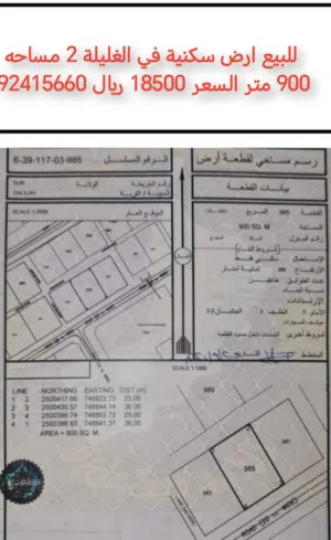 للبيع ارض سكنية في الغليلة 2 مساحه 900 متر السعر 18500